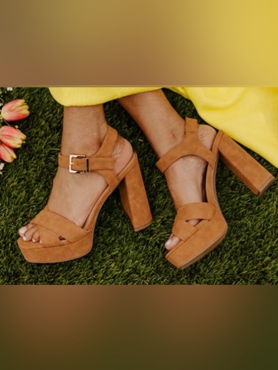 Shoes - Camel/Tan High Heel Platform Suede Sandals - Size 8.5